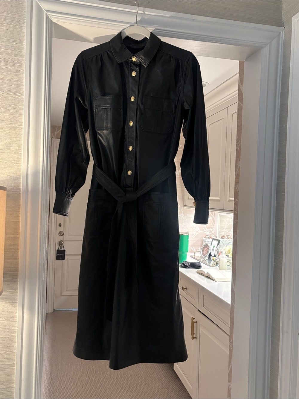 Faux leather black long Sleeve midi Shirt Dress with Gold Buttons